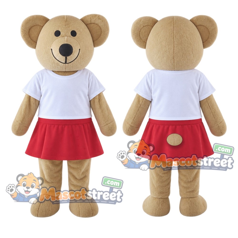Tan Bear Mascot Costume with White Shirt and Red Skirt