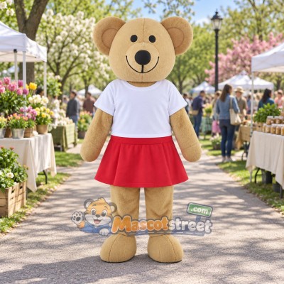 Tan Bear Mascot Costume with White Shirt and Red Skirt Tan Bear Mascot Costume with White Shirt and Red Skirt