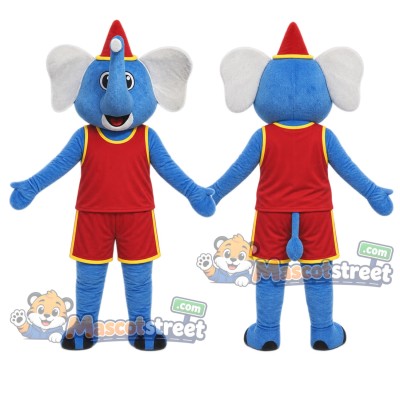 Blue Elephant Mascot Costume with Red Sports Uniform and Party Hat Blue Elephant Mascot Costume with Red Sports Uniform and Party Hat