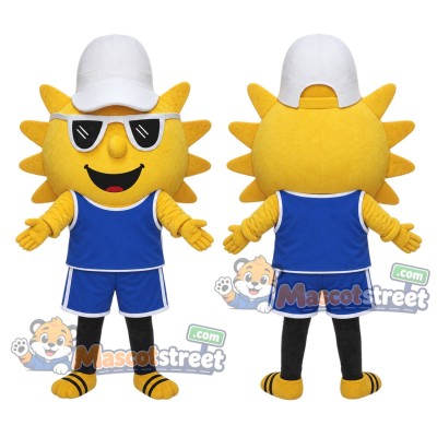 Yellow Sun Mascot Costume with Blue Sports Uniform, White Cap and Sunglasses Yellow Sun Mascot Costume with Blue Sports Uniform, White Cap and Sunglasses