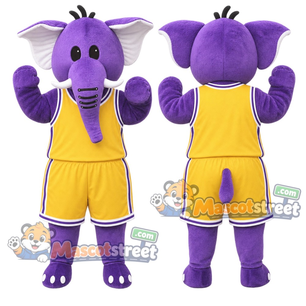 Purple Elephant Mascot Costume with Yellow Sports Uniform
