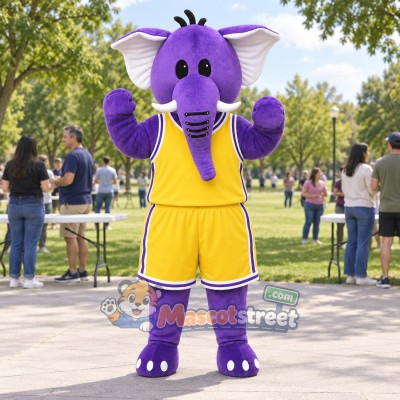 Purple Elephant Mascot Costume with Yellow Sports Uniform