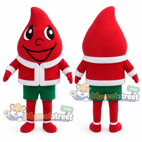 Red Blood Drop Mascot Costume with Santa Jacket and Green Shorts