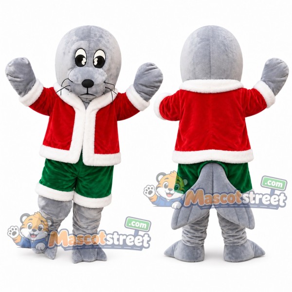 Gray Seal Mascot Costume with Santa Jacket and Green Shorts