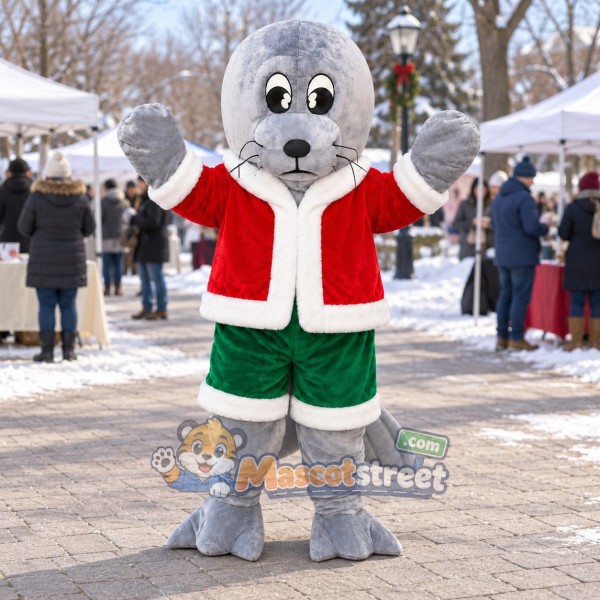 Gray Seal Mascot Costume with Santa Jacket and Green Shorts