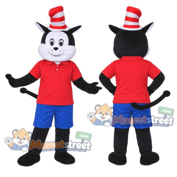 Black and White Cat Mascot Costume with Red Shirt, Blue Shorts and Striped Top Hat