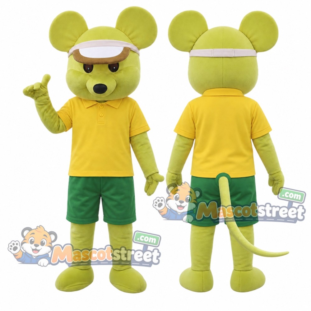 Yellow Mouse Mascot Costume with Yellow Shirt, Green Shorts and White Visor