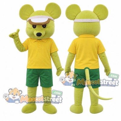 Yellow Mouse Mascot Costume with Yellow Shirt, Green Shorts and White Visor