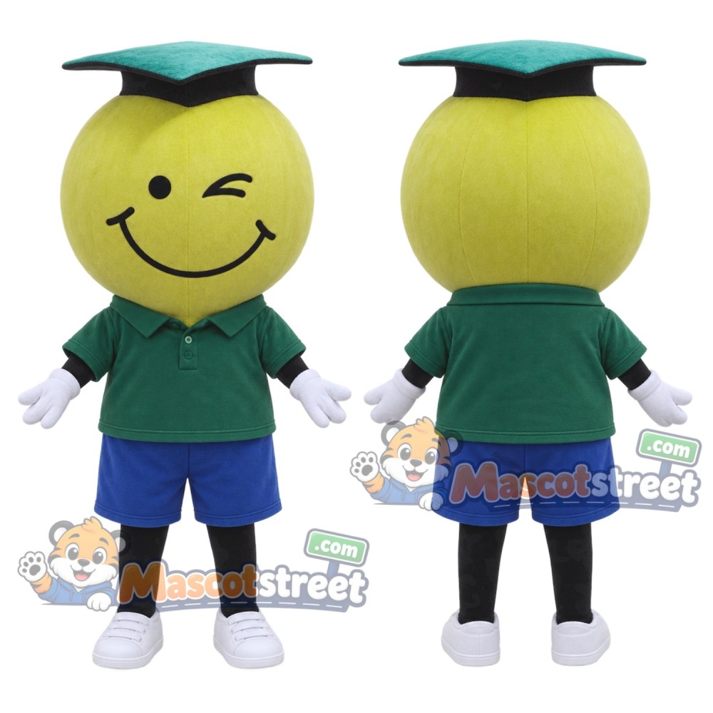 Yellow Light Bulb Graduate Mascot Costume with Green Shirt, Blue Shorts and Graduation Cap