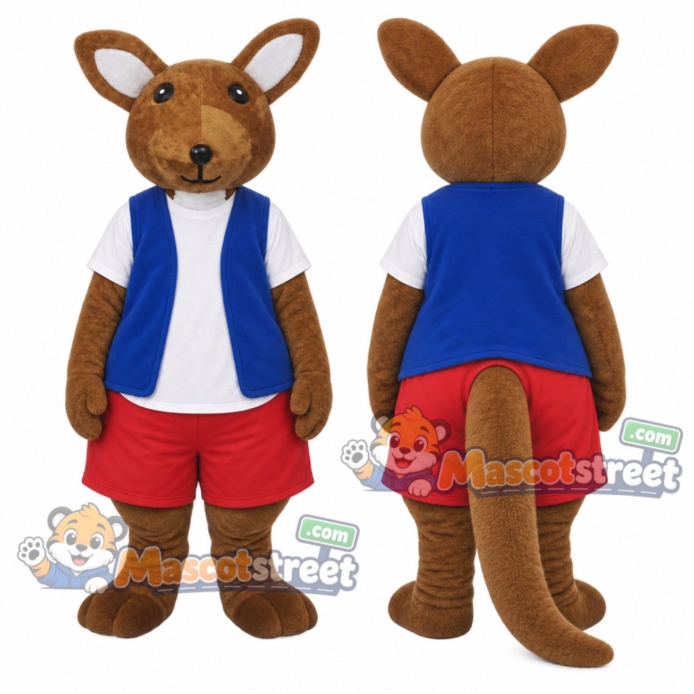 Brown Kangaroo Mascot Costume with Blue Vest and Red Shorts Brown Kangaroo Mascot Costume with Blue Vest and Red Shorts