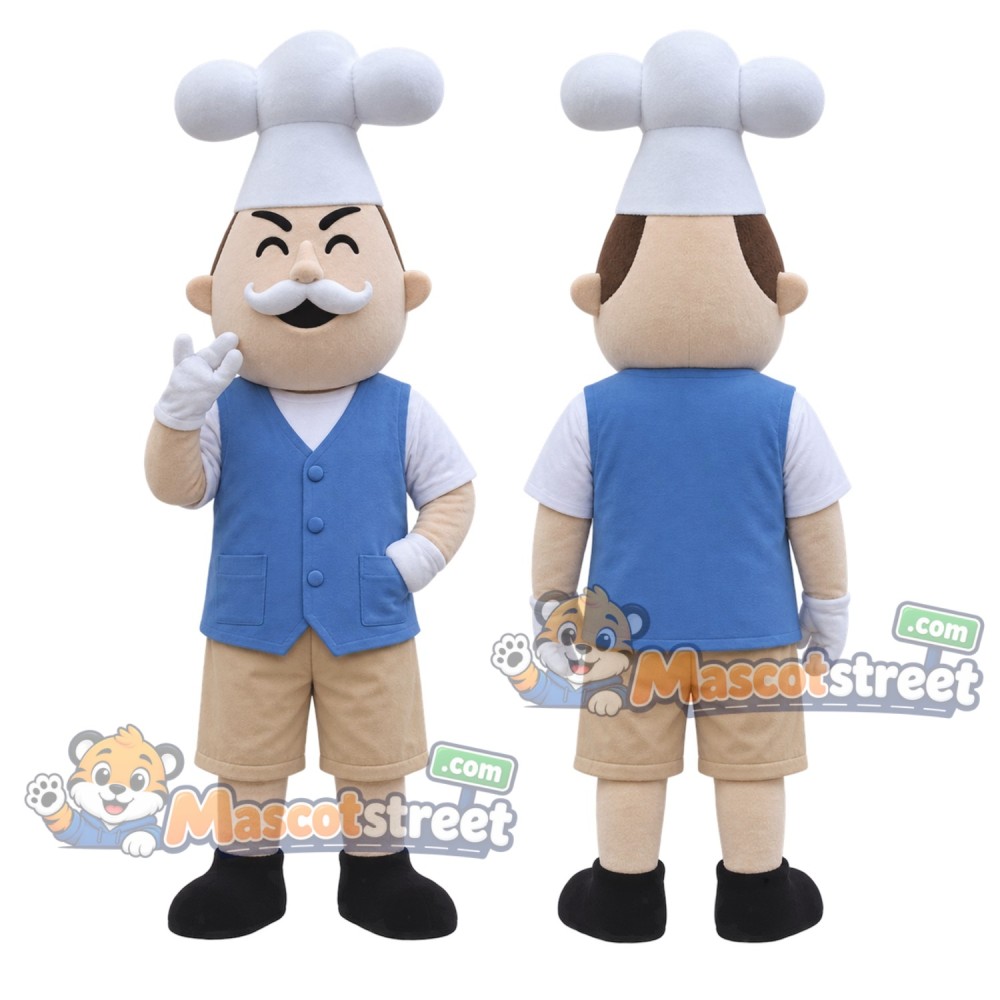 Baker Mascot Costume with Blue Vest, Beige Shorts and Chef Hat Baker Mascot Costume with Blue Vest, Beige Shorts and Chef Hat