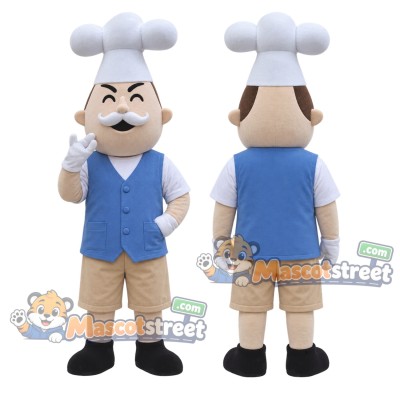Baker Mascot Costume with Blue Vest, Beige Shorts and Chef Hat Baker Mascot Costume with Blue Vest, Beige Shorts and Chef Hat
