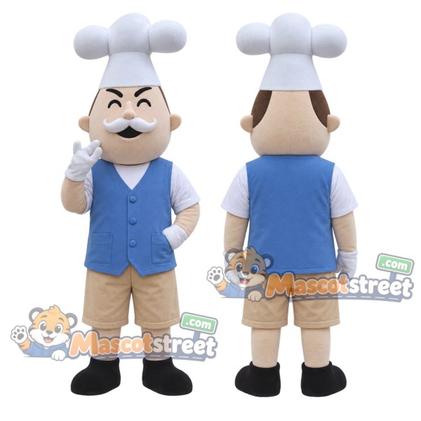 Baker Mascot Costume with Blue Vest, Beige Shorts and Chef Hat