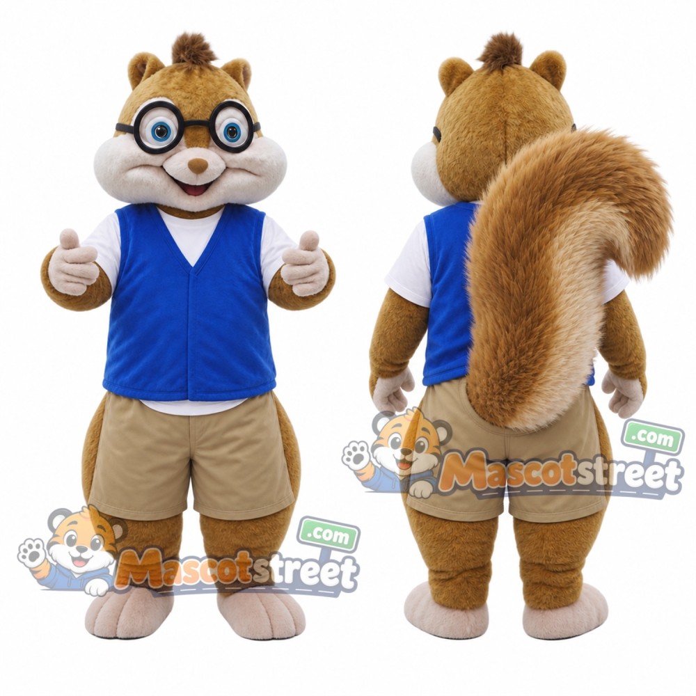 Brown Squirrel Mascot Costume with Blue Vest, Beige Shorts and Glasses Brown Squirrel Mascot Costume with Blue Vest, Beige Shorts and Glasses