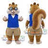 Brown Squirrel Mascot Costume with Blue Vest, Beige Shorts and Glasses