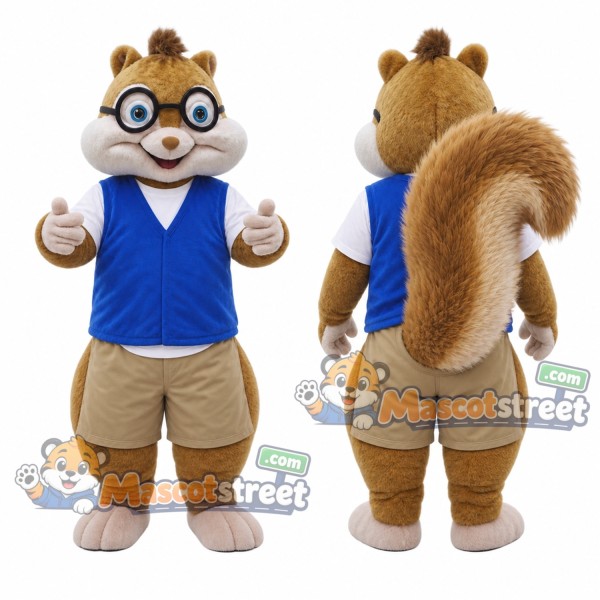 Brown Squirrel Mascot Costume with Blue Vest, Beige Shorts and Glasses