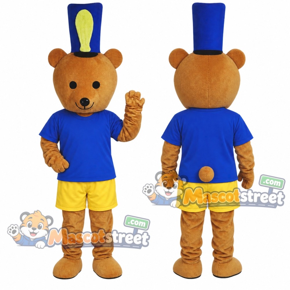 Brown Bear Mascot Costume with Blue Shirt, Yellow Shorts and Blue Top Hat