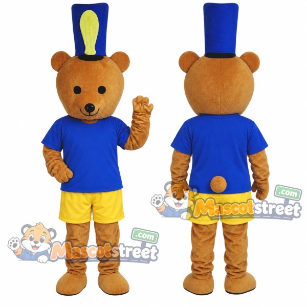Brown Bear Mascot Costume with Blue Shirt, Yellow Shorts and Blue Top Hat
