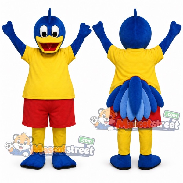 Blue Duck Mascot Costume with Yellow Shirt and Red Shorts