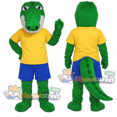Green Crocodile Mascot Costume with Yellow Shirt and Blue Shorts Green Crocodile Mascot Costume with Yellow Shirt and Blue Shorts