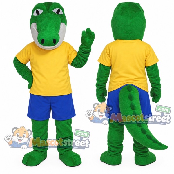 Green Crocodile Mascot Costume with Yellow Shirt and Blue Shorts
