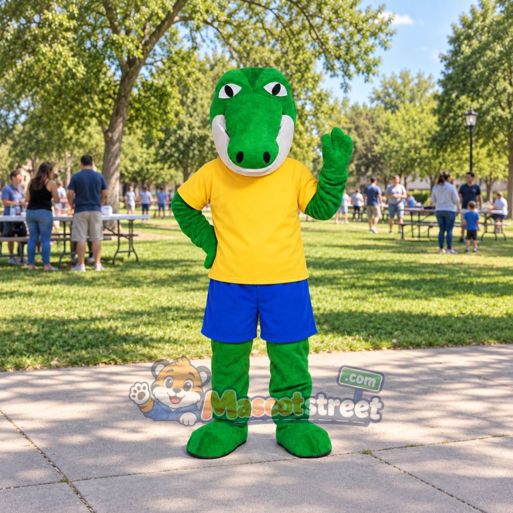 Green Crocodile Mascot Costume with Yellow Shirt and Blue Shorts