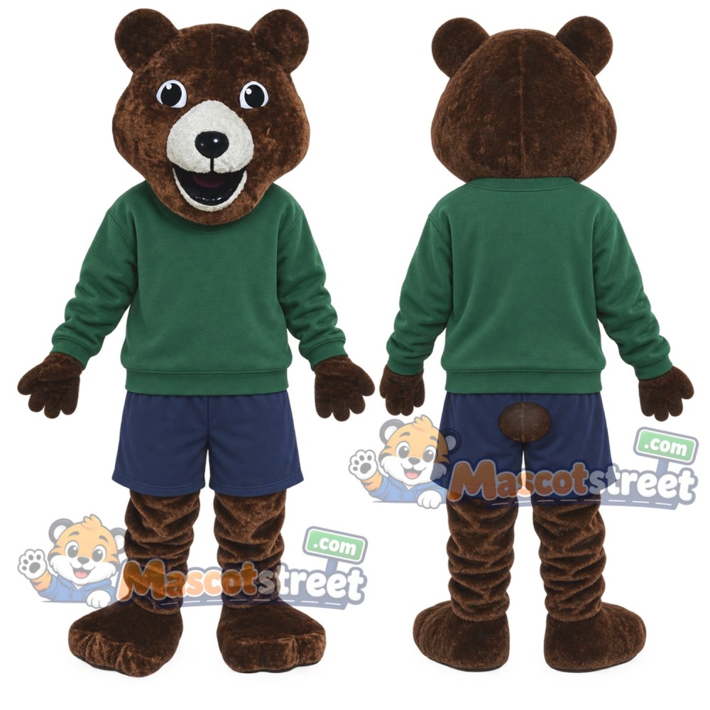 Brown Bear Mascot Costume with Green Sweatshirt and Navy Shorts Brown Bear Mascot Costume with Green Sweatshirt and Navy Shorts