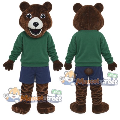 Brown Bear Mascot Costume with Green Sweatshirt and Navy Shorts Brown Bear Mascot Costume with Green Sweatshirt and Navy Shorts