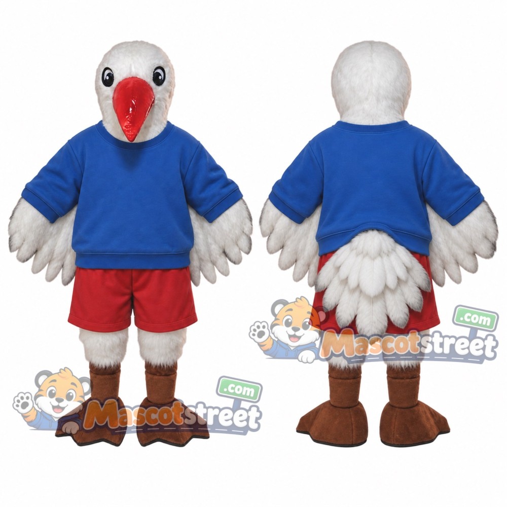 White Seagull Mascot Costume with Blue Sweatshirt and Red Shorts