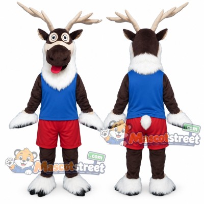 Brown Reindeer Mascot Costume with Blue Shirt and Red Shorts