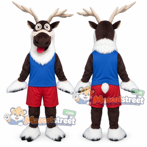 Brown Reindeer Mascot Costume with Blue Shirt and Red Shorts
