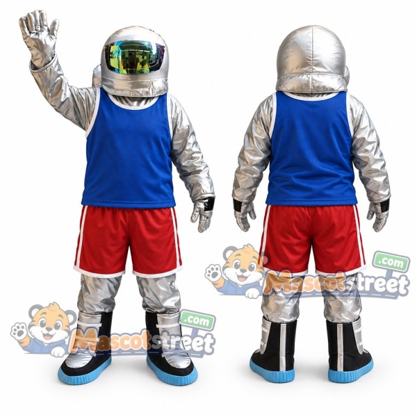 Silver Astronaut Mascot Costume with Blue Sleeveless Shirt and Red Shorts