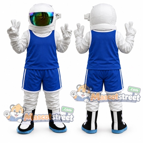 White Astronaut Mascot Costume with Blue Sports Uniform