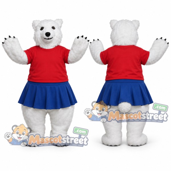 White Polar Bear Mascot Costume with Red Shirt and Blue Skirt