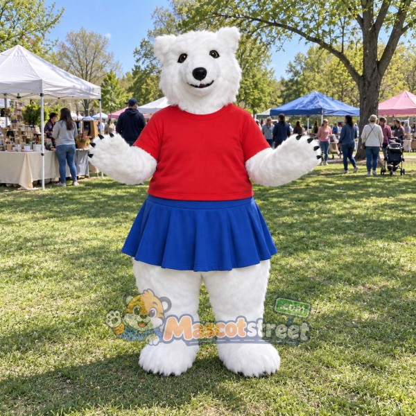 White Polar Bear Mascot Costume with Red Shirt and Blue Skirt