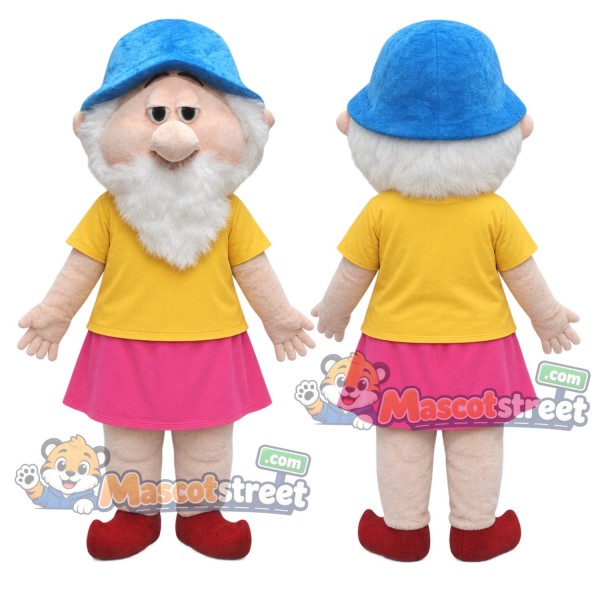 White Bearded Gnome Mascot Costume with Yellow Shirt, Pink Skirt and Blue Hat