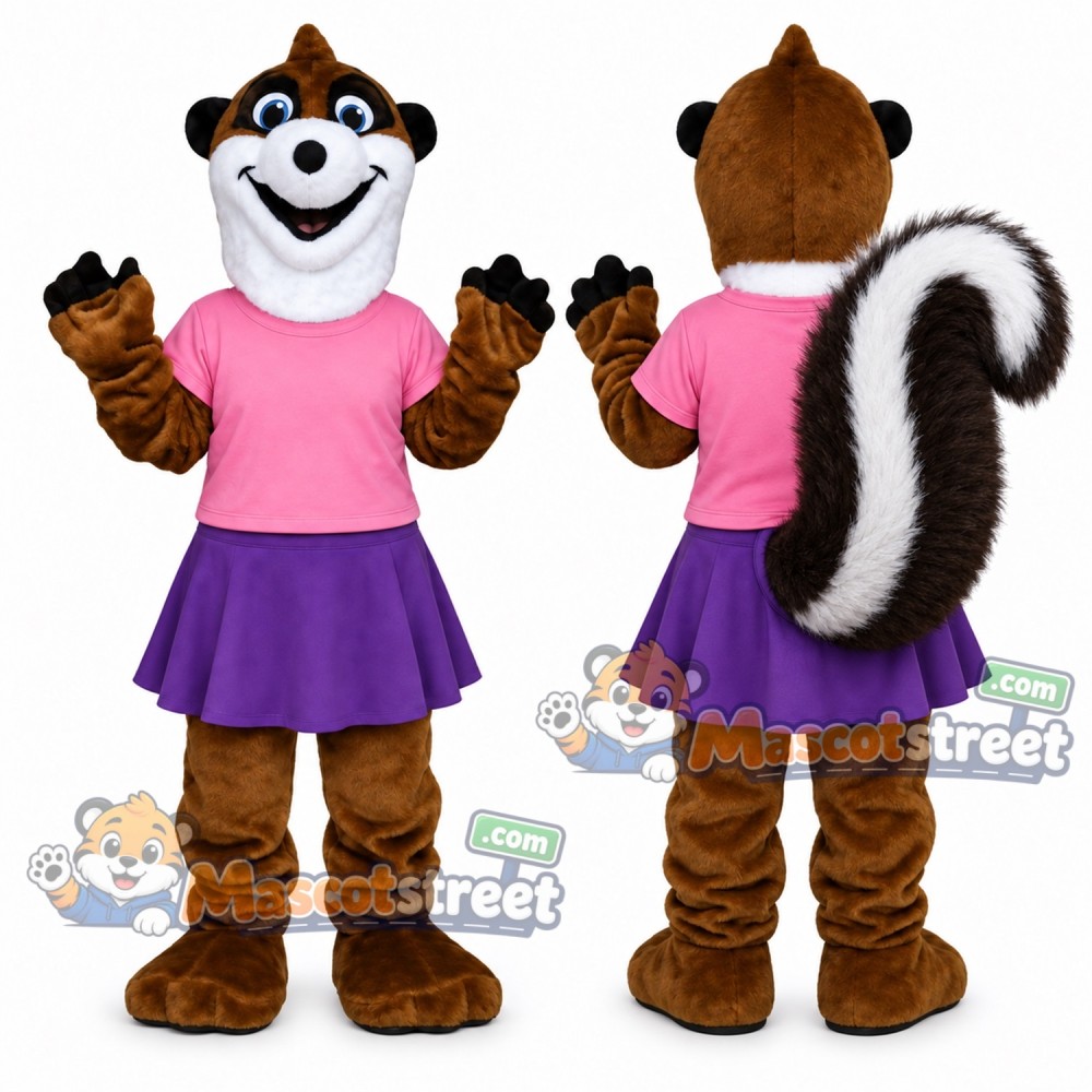 Brown Skunk Mascot Costume with Pink Shirt and Purple Skirt Brown Skunk Mascot Costume with Pink Shirt and Purple Skirt