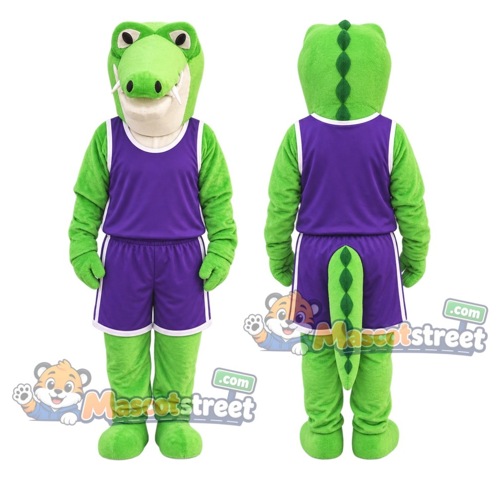 Green Crocodile Mascot Costume with Purple Sports Uniform