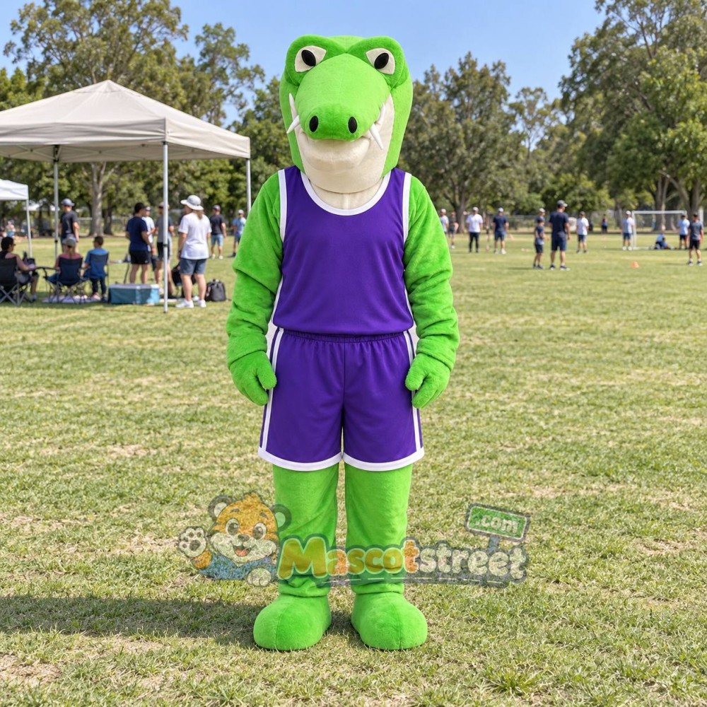 Green Crocodile Mascot Costume with Purple Sports Uniform Green Crocodile Mascot Costume with Purple Sports Uniform