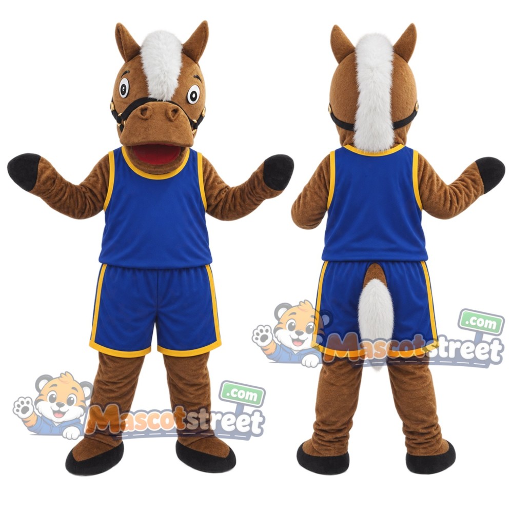 Brown Horse Mascot Costume with Blue Sports Uniform