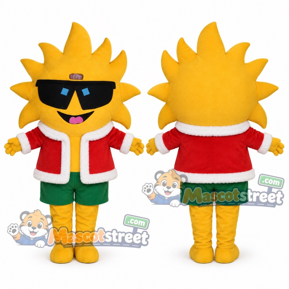 Yellow Sun Mascot Costume with Santa Jacket, Green Shorts and Sunglasses Yellow Sun Mascot Costume with Santa Jacket, Green Shorts and Sunglasses