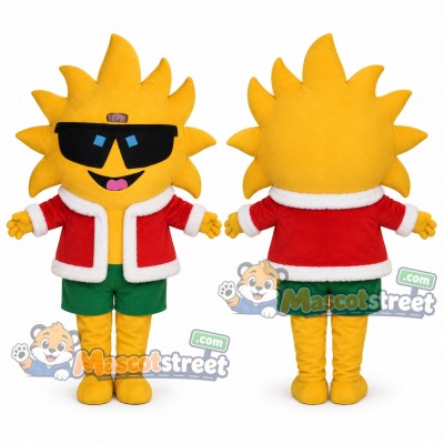 Yellow Sun Mascot Costume with Santa Jacket, Green Shorts and Sunglasses Yellow Sun Mascot Costume with Santa Jacket, Green Shorts and Sunglasses