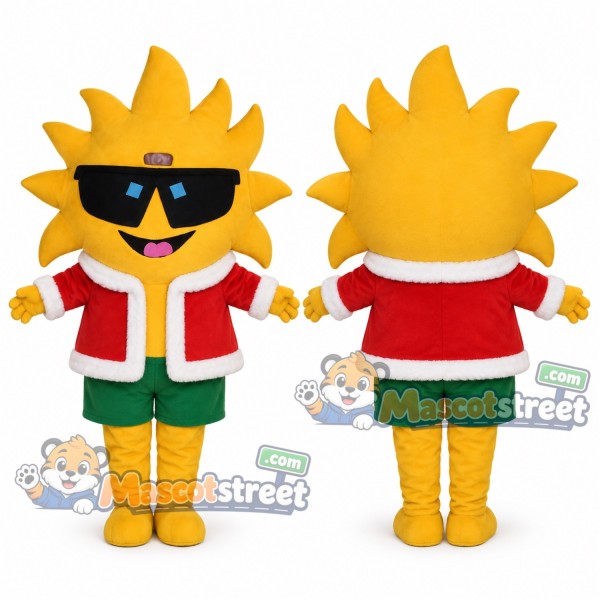 Yellow Sun Mascot Costume with Santa Jacket, Green Shorts and Sunglasses