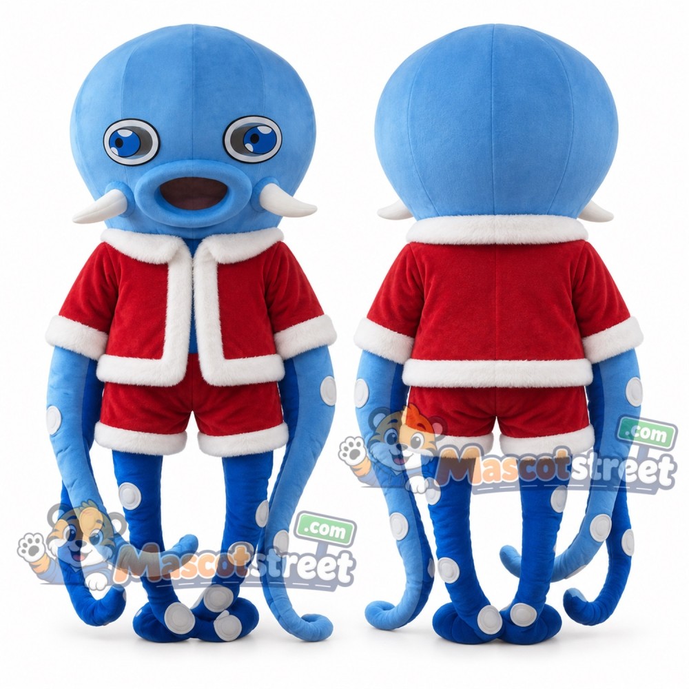 Blue Octopus Mascot Costume with Santa Jacket Blue Octopus Mascot Costume with Santa Jacket