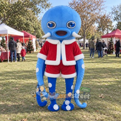 Blue Octopus Mascot Costume with Santa Jacket Blue Octopus Mascot Costume with Santa Jacket