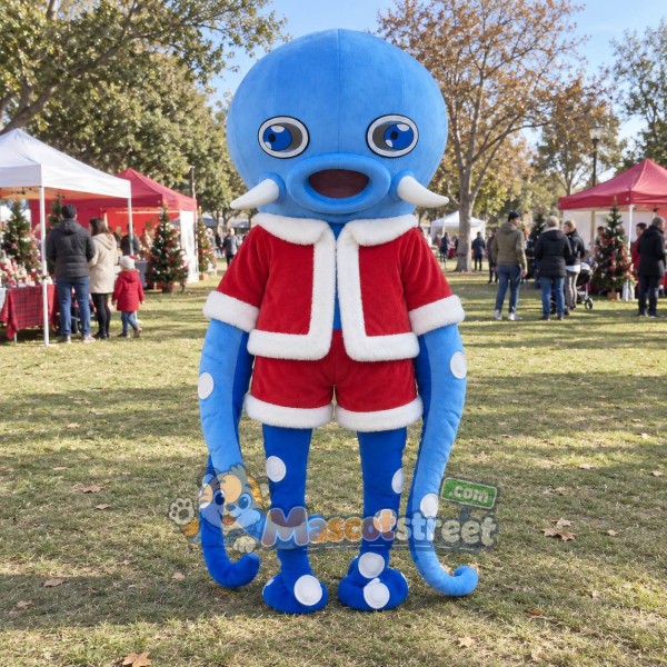 Blue Octopus Mascot Costume with Santa Jacket