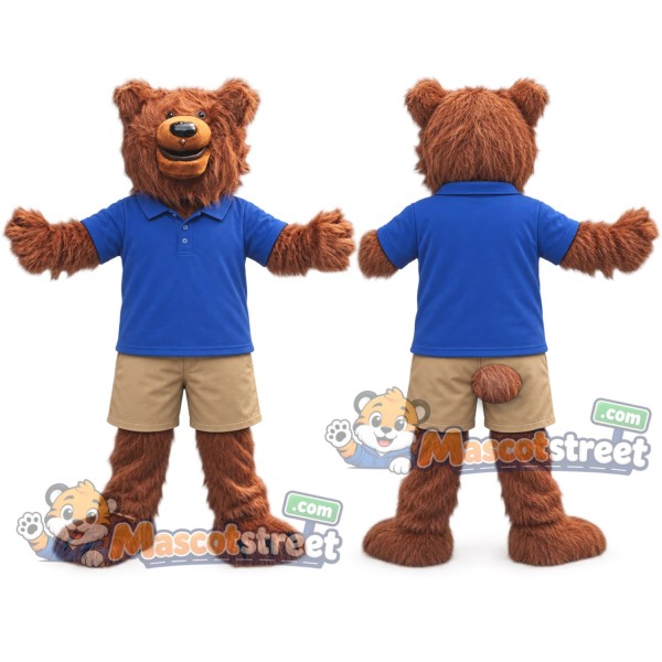 Brown Bear Mascot Costume with Blue Shirt and Beige Shorts