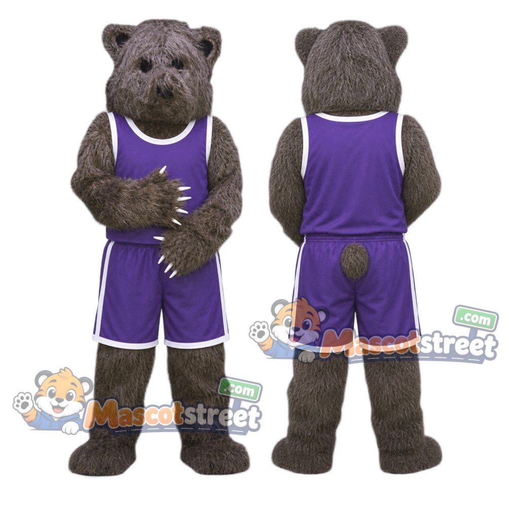 Dark Brown Bear Mascot Costume with Purple Sports Uniform Dark Brown Bear Mascot Costume with Purple Sports Uniform