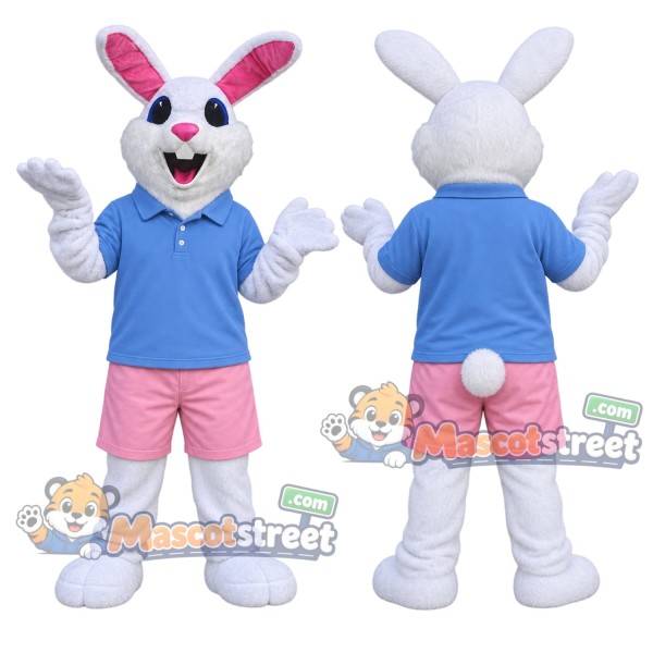 White Rabbit Mascot Costume with Light Blue Shirt and Pink Shorts