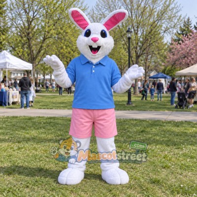 White Rabbit Mascot Costume with Light Blue Shirt and Pink Shorts